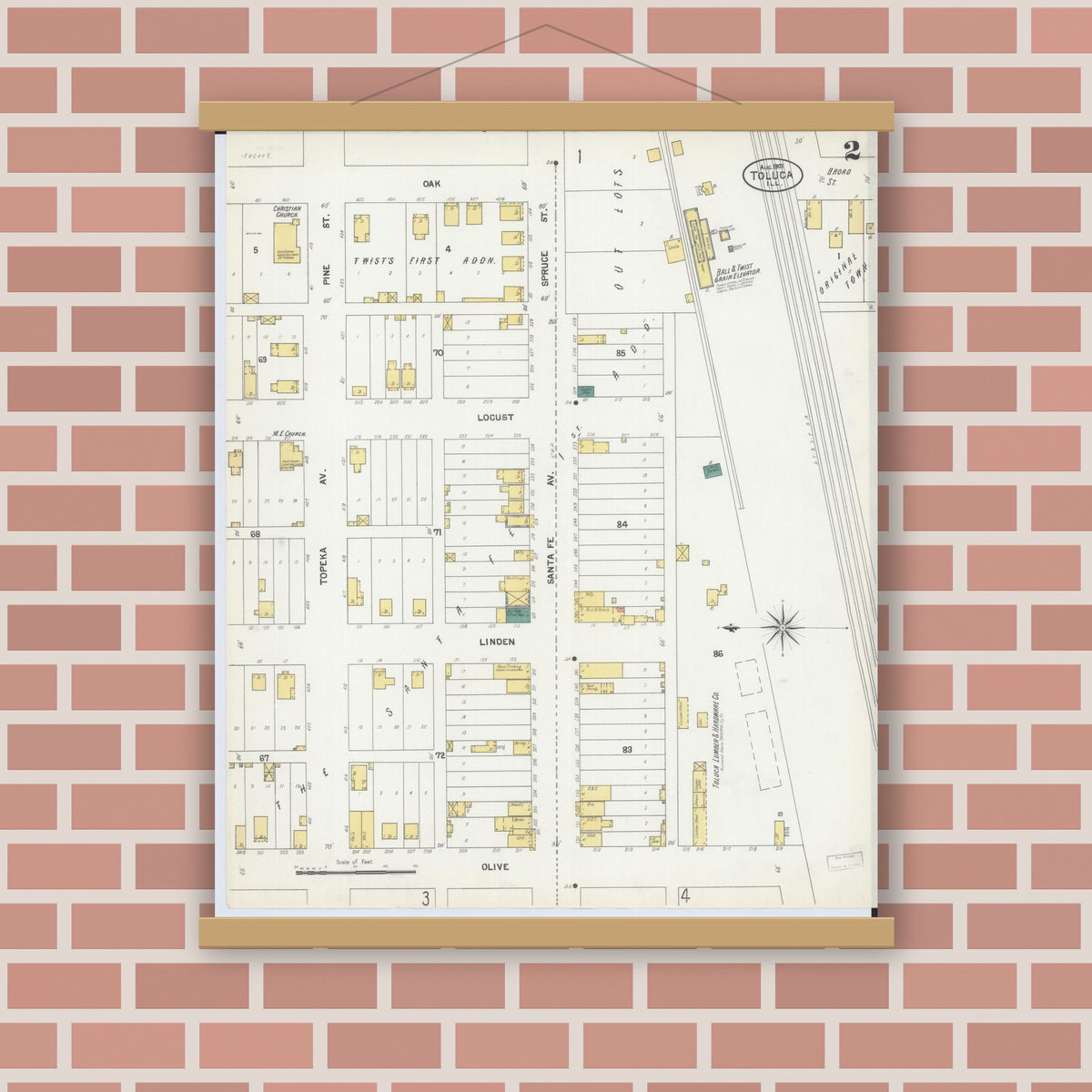 Old map wall art mockup — magnetic wood frame on brick wall — Sanborn Fire Insurance Map from Toluca, Marshall County, Illinois (1901), Sheet #0002