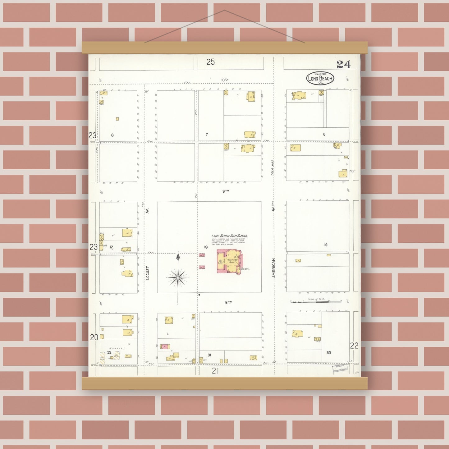 Old map wall art mockup — magnetic wood frame on brick wall — Sanborn Fire Insurance Map from Long Beach, Los Angeles County, California (1902), Sheet #0024