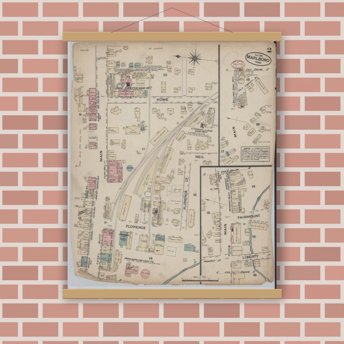 Old map wall art mockup — magnetic wood frame on brick wall — Sanborn Fire Insurance Map from Marlborough, Middlesex  County, Massachusetts (1881), Sheet #0002