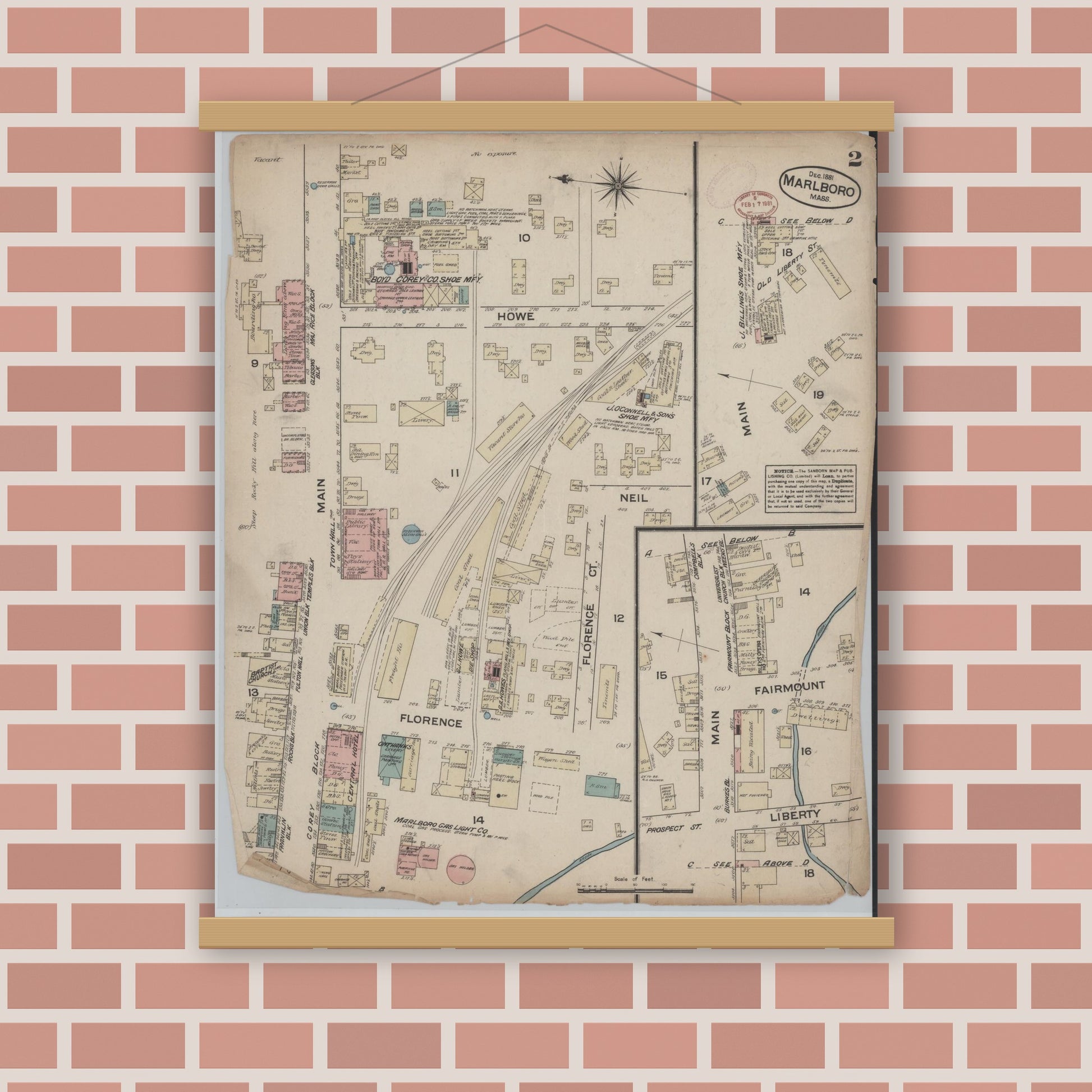 Old map wall art mockup — magnetic wood frame on brick wall — Sanborn Fire Insurance Map from Marlborough, Middlesex  County, Massachusetts (1881), Sheet #0002