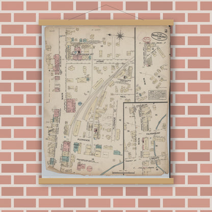 Old map wall art mockup — magnetic wood frame on brick wall — Sanborn Fire Insurance Map from Marlborough, Middlesex  County, Massachusetts (1881), Sheet #0002