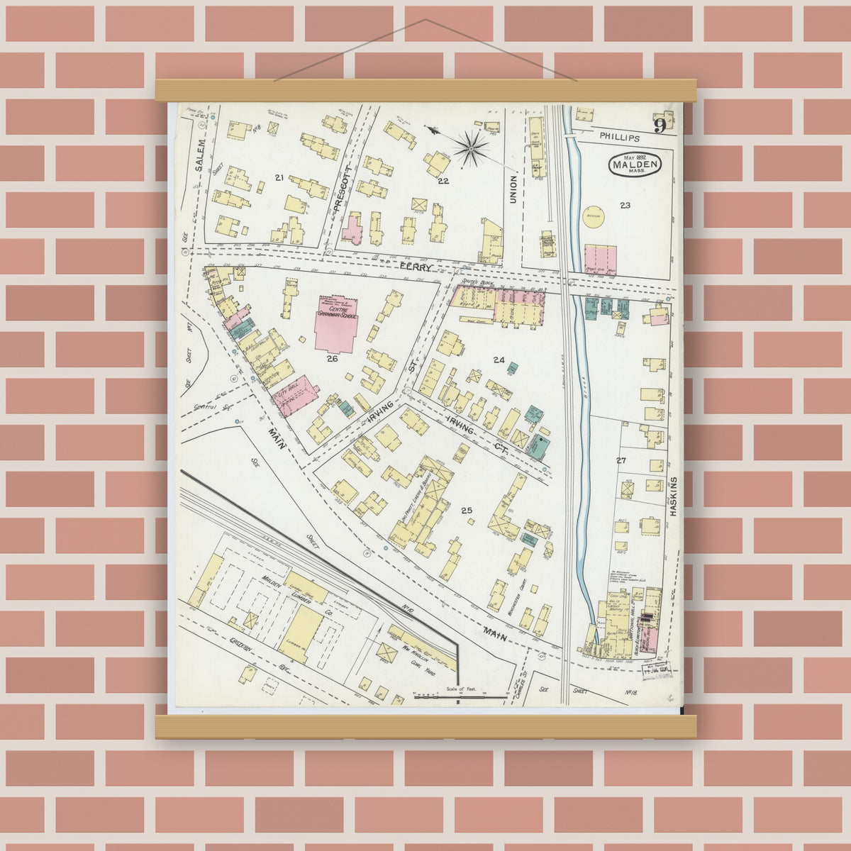 Old map wall art mockup — magnetic wood frame on brick wall — Sanborn Fire Insurance Map from Malden, Middlesex County, Massachusetts (1892), Sheet #0009