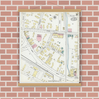 Old map wall art mockup — magnetic wood frame on brick wall — Sanborn Fire Insurance Map from Malden, Middlesex County, Massachusetts (1892), Sheet #0009