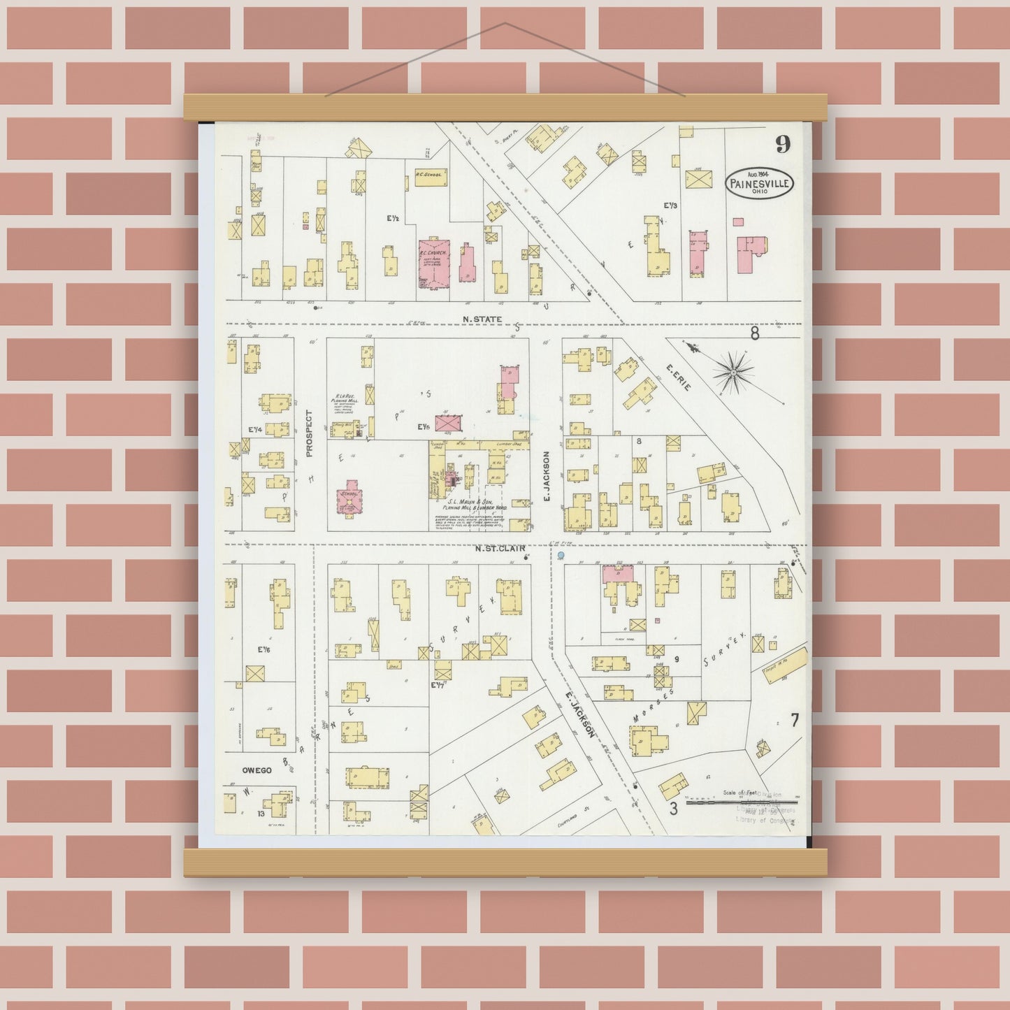 Old map wall art mockup — magnetic wood frame on brick wall — Sanborn Fire Insurance Map from Painesville, Lake County, Ohio (1904), Sheet #0009