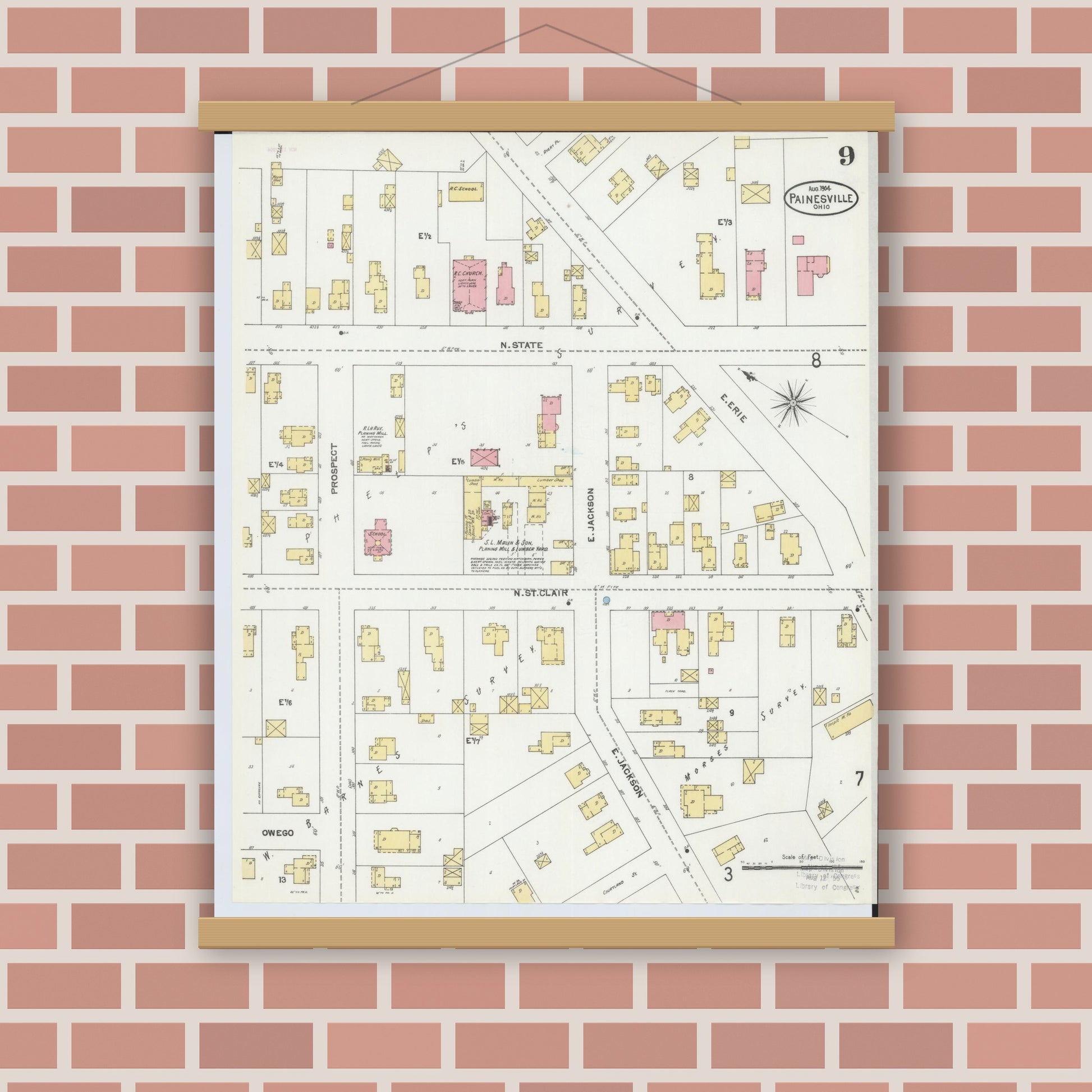 Old map wall art mockup — magnetic wood frame on brick wall — Sanborn Fire Insurance Map from Painesville, Lake County, Ohio (1904), Sheet #0009