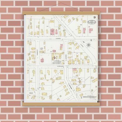 Old map wall art mockup — magnetic wood frame on brick wall — Sanborn Fire Insurance Map from Painesville, Lake County, Ohio (1904), Sheet #0009