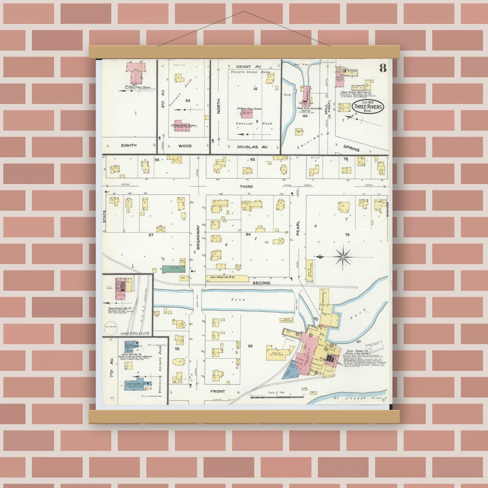 Old map wall art mockup — magnetic wood frame on brick wall — Sanborn Fire Insurance Map from Three Rivers, Saint Joseph County, Michigan (1909), Sheet #0008