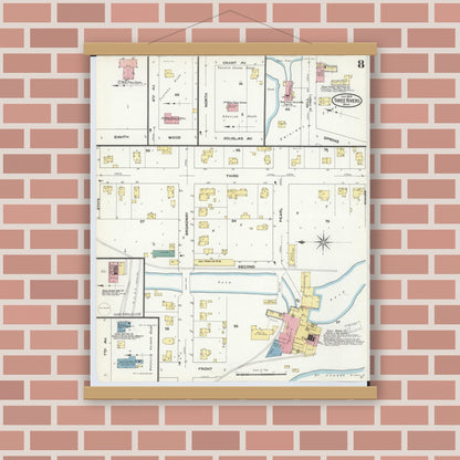 Old map wall art mockup — magnetic wood frame on brick wall — Sanborn Fire Insurance Map from Three Rivers, Saint Joseph County, Michigan (1909), Sheet #0008
