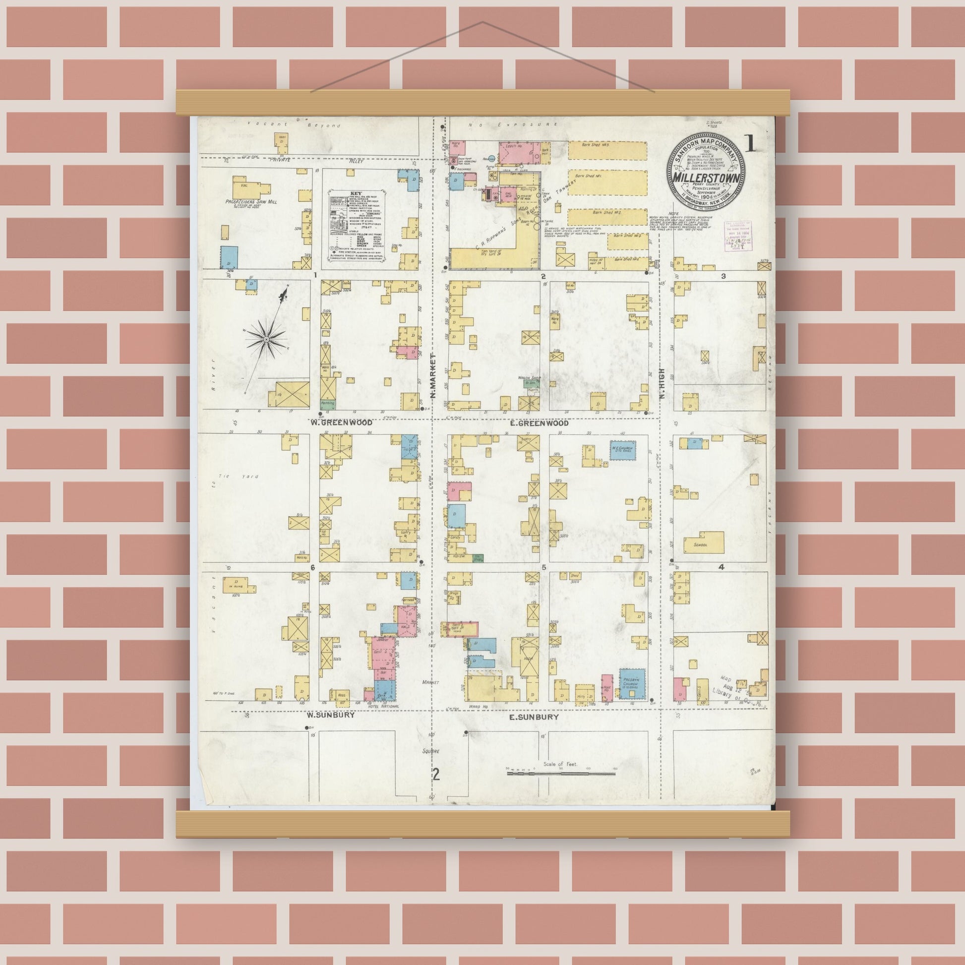 Old map wall art mockup — magnetic wood frame on brick wall — Sanborn Fire Insurance Map from Millerstown, Perry County, Pennsylvania (1904) - Complete Map Set