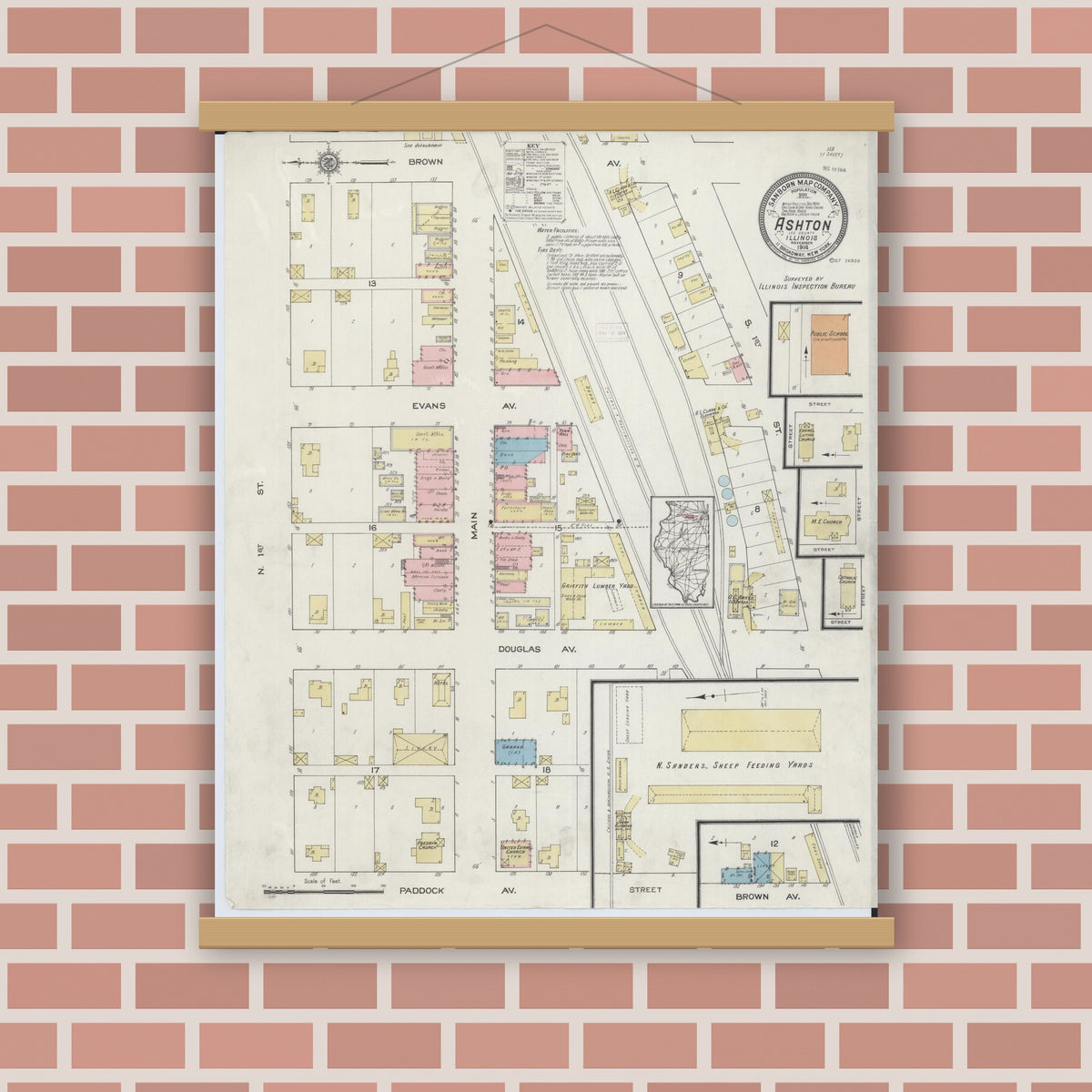 Old map wall art mockup — magnetic wood frame on brick wall — Sanborn Fire Insurance Map from Ashton, Lee County, Illinois (1914), Sheet #0001