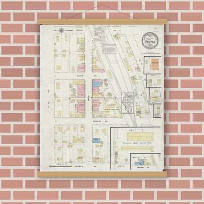 Old map wall art mockup — magnetic wood frame on brick wall — Sanborn Fire Insurance Map from Ashton, Lee County, Illinois (1914), Sheet #0001