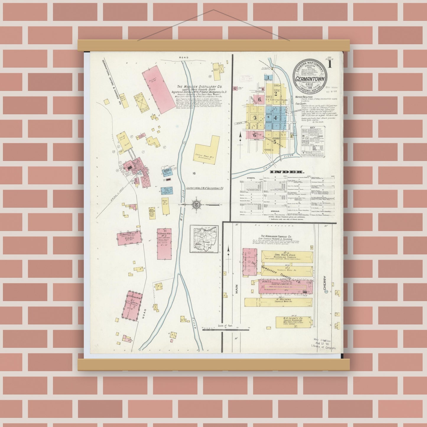 Old map wall art mockup — magnetic wood frame on brick wall — Sanborn Fire Insurance Map from Germantown, Montgomery County, Ohio (1912), Sheet #0001