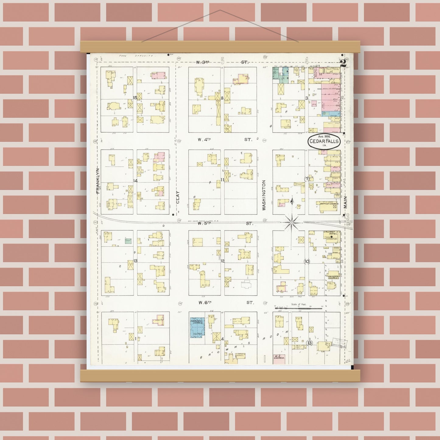 Old map wall art mockup — magnetic wood frame on brick wall — Sanborn Fire Insurance Map from Cedar Falls, Black Hawk County, Iowa (1892), Sheet #0002