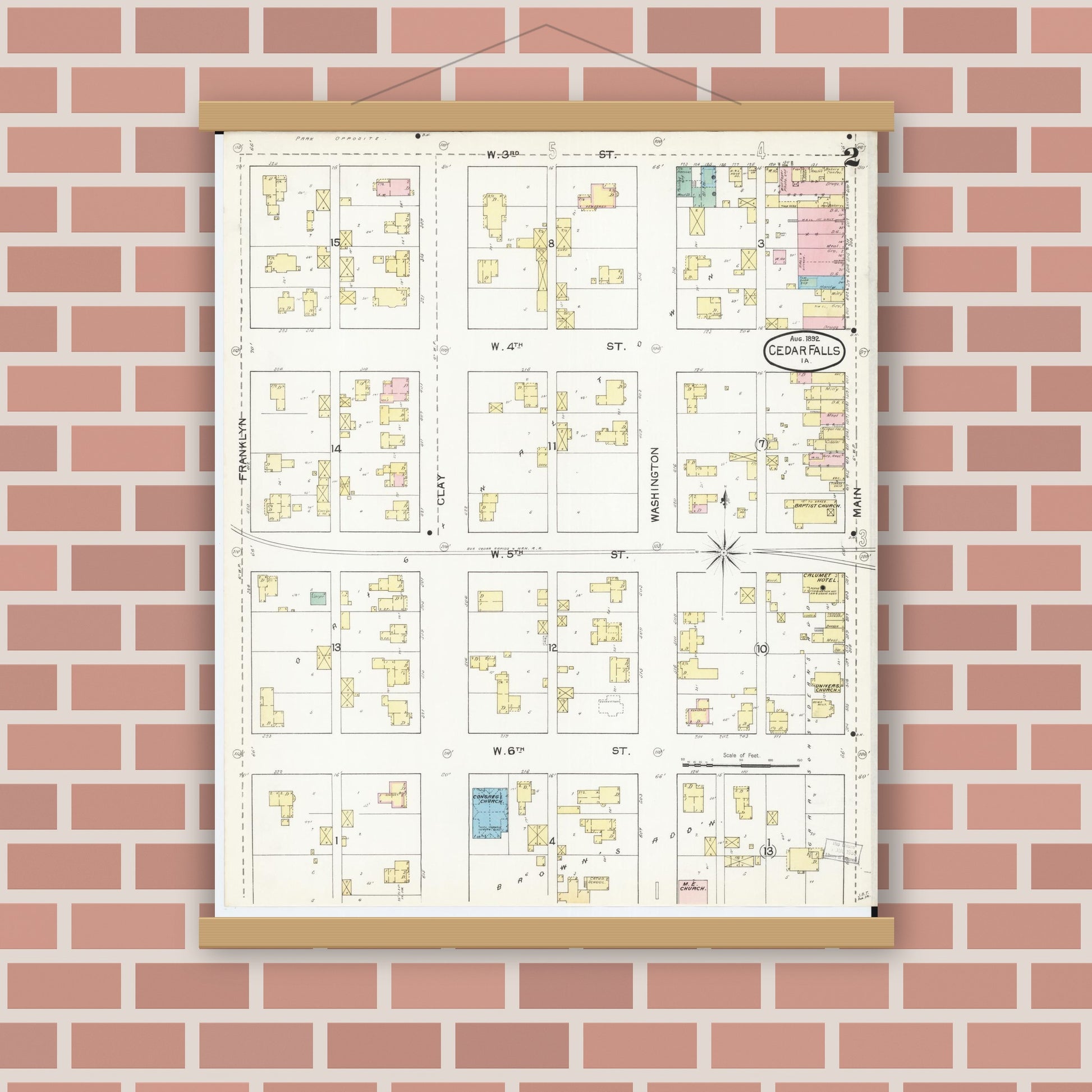 Old map wall art mockup — magnetic wood frame on brick wall — Sanborn Fire Insurance Map from Cedar Falls, Black Hawk County, Iowa (1892), Sheet #0002