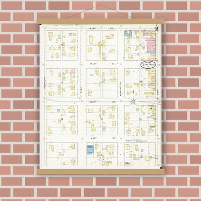 Old map wall art mockup — magnetic wood frame on brick wall — Sanborn Fire Insurance Map from Cedar Falls, Black Hawk County, Iowa (1892), Sheet #0002