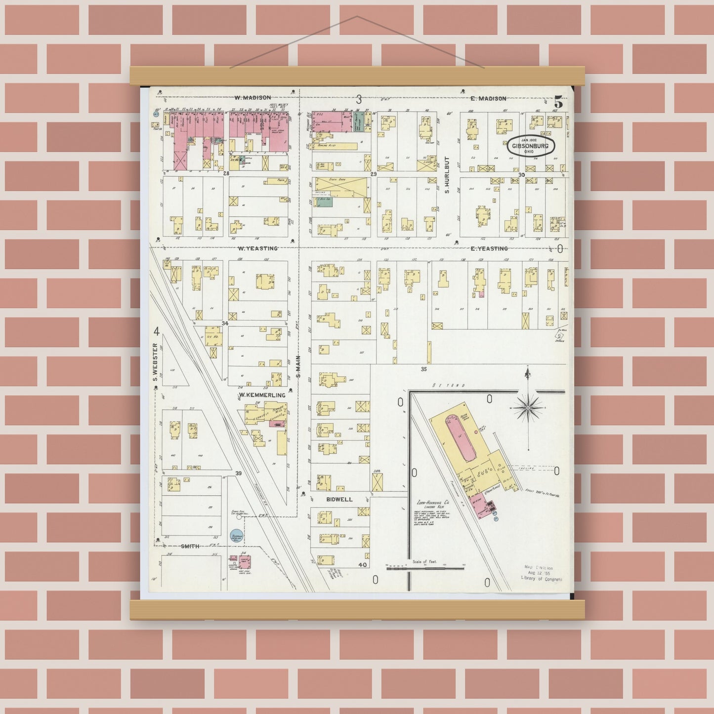 Old map wall art mockup — magnetic wood frame on brick wall — Sanborn Fire Insurance Map from Gibsonburg, Sandusky County, Ohio (1902), Sheet #0005