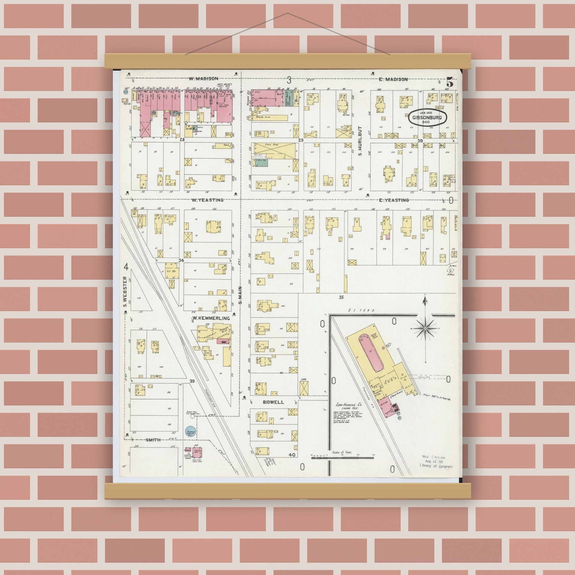 Old map wall art mockup — magnetic wood frame on brick wall — Sanborn Fire Insurance Map from Gibsonburg, Sandusky County, Ohio (1902), Sheet #0005