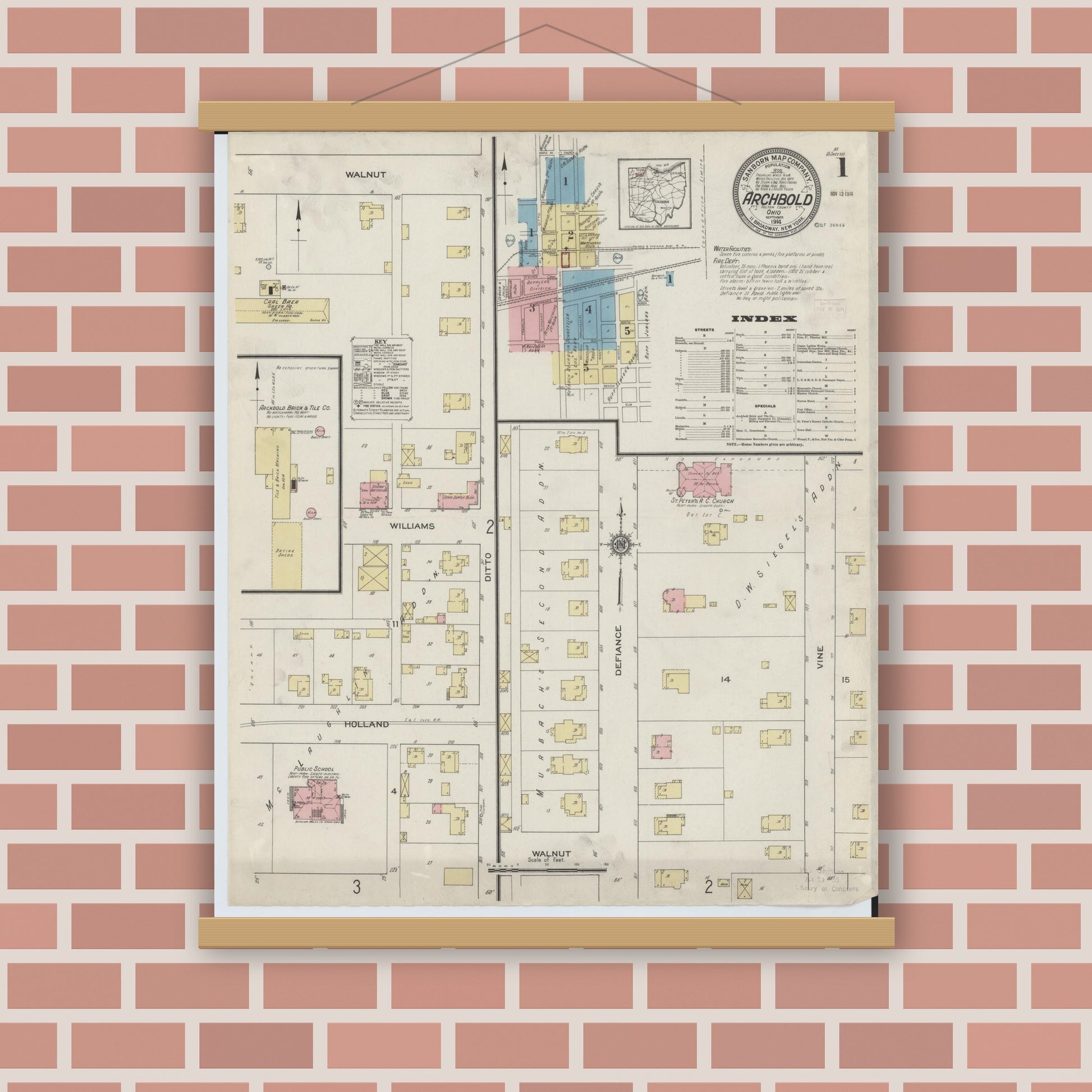 Old map wall art mockup — magnetic wood frame on brick wall — Sanborn Fire Insurance Map from Archbold, Fulton County, Ohio (1914) - Complete Map Set