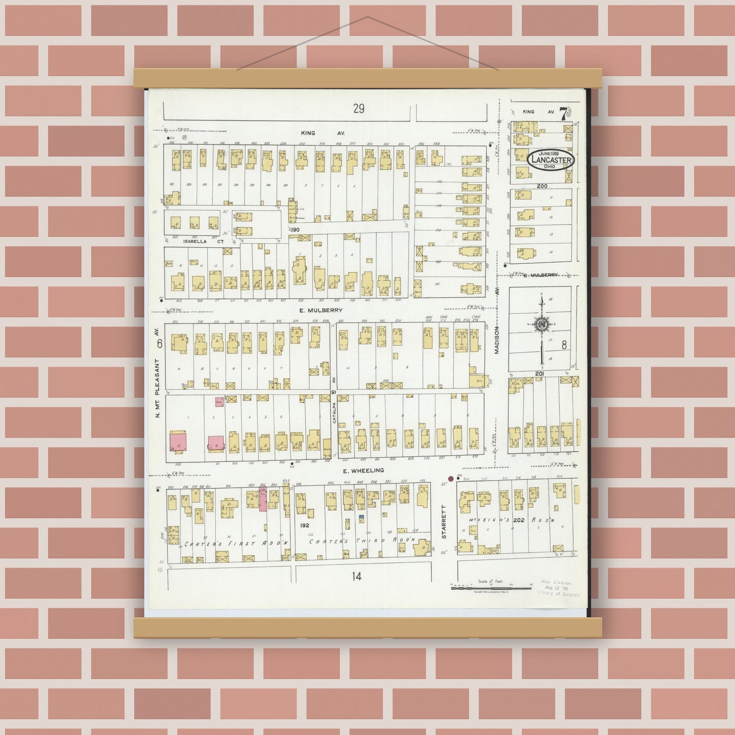 Old map wall art mockup — magnetic wood frame on brick wall — Sanborn Fire Insurance Map from Lancaster, Fairfield County, Ohio (1919), Sheet #0007