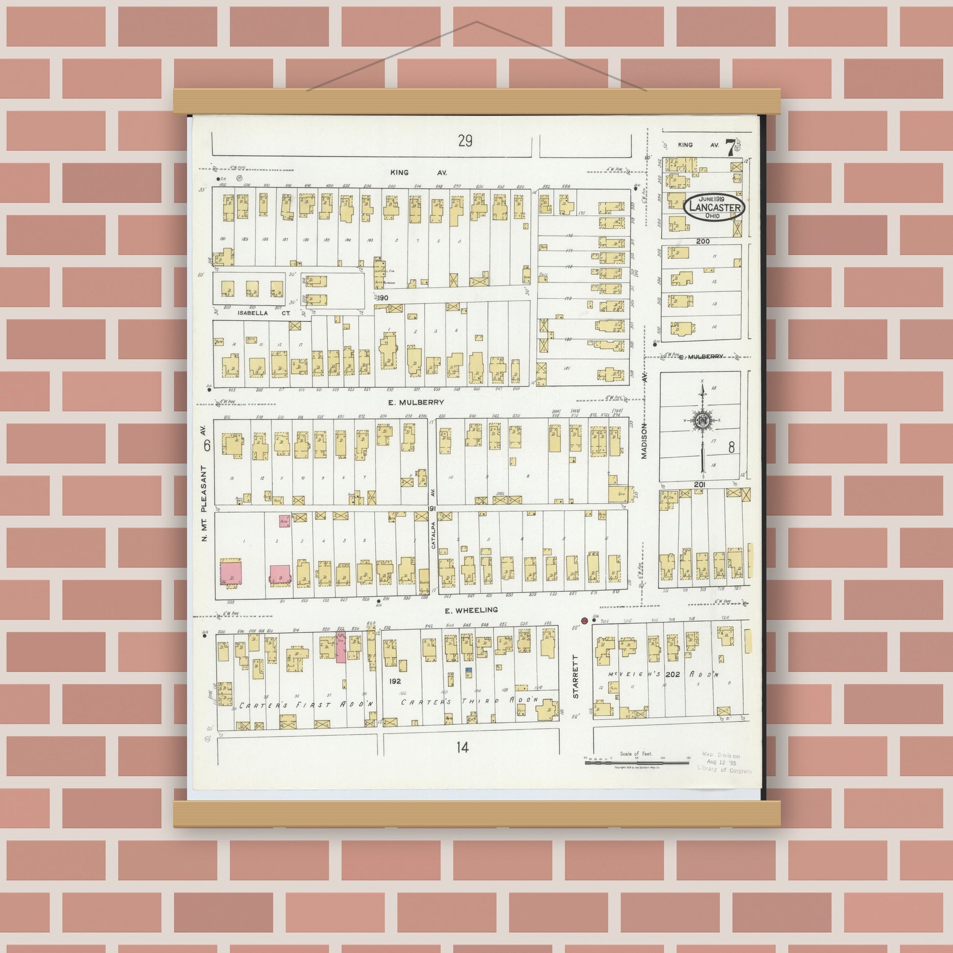 Old map wall art mockup — magnetic wood frame on brick wall — Sanborn Fire Insurance Map from Lancaster, Fairfield County, Ohio (1919), Sheet #0007