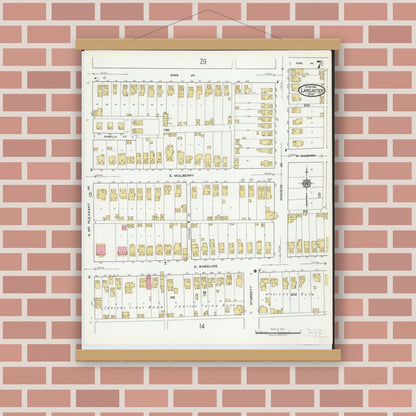 Old map wall art mockup — magnetic wood frame on brick wall — Sanborn Fire Insurance Map from Lancaster, Fairfield County, Ohio (1919), Sheet #0007