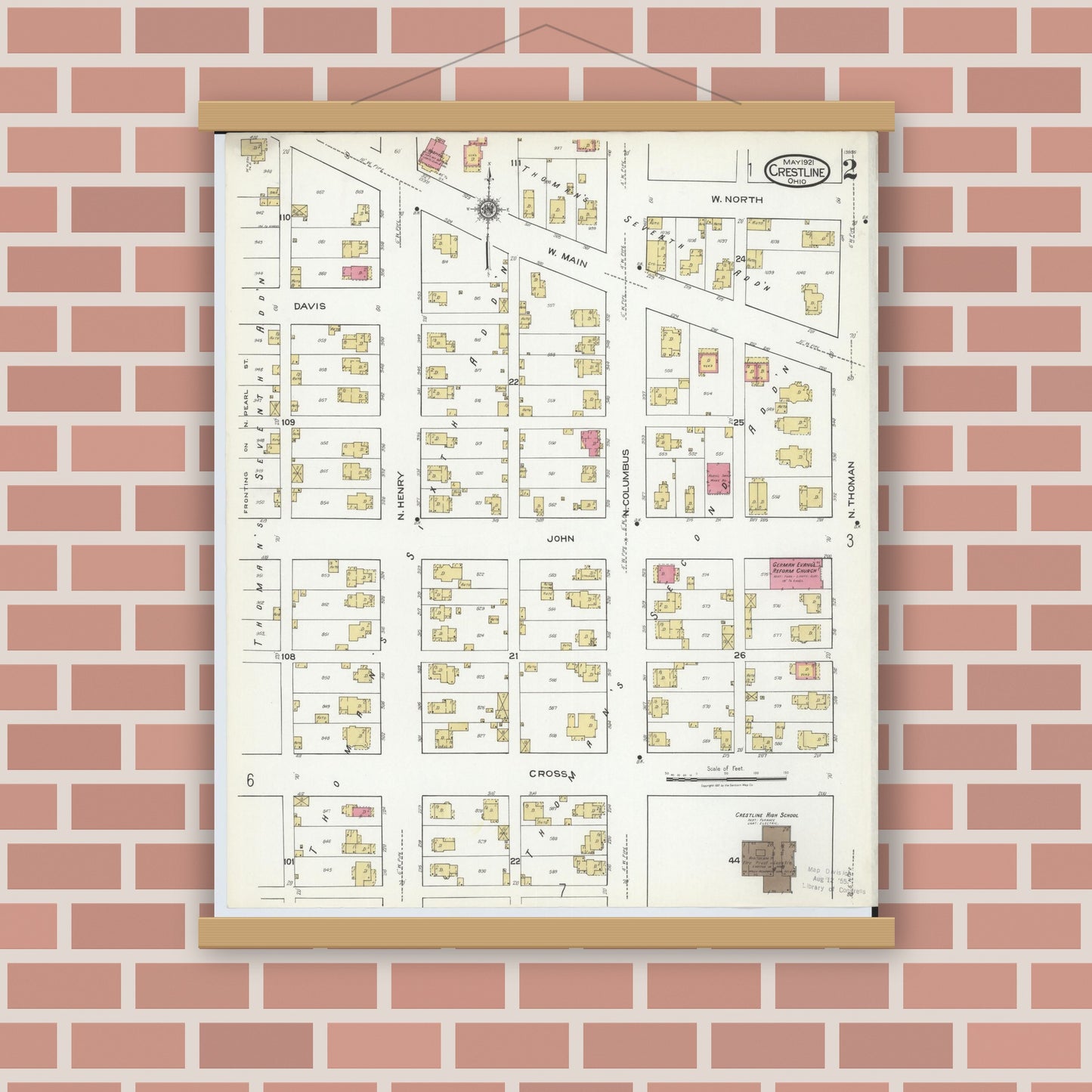 Old map wall art mockup — magnetic wood frame on brick wall — Sanborn Fire Insurance Map from Crestline, Crawford County, Ohio (1921), Sheet #0002