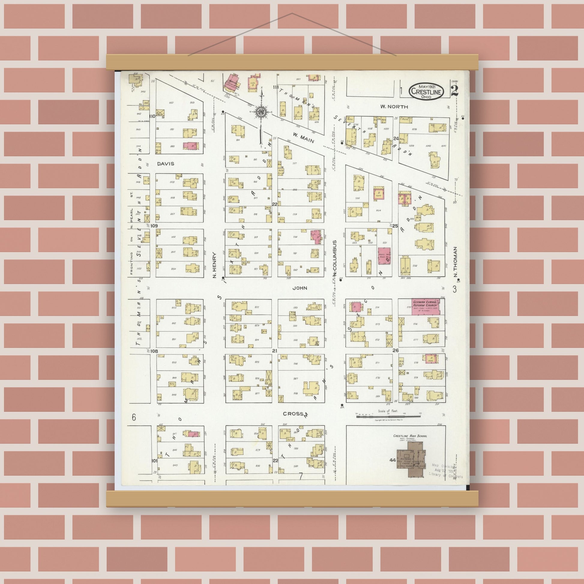 Old map wall art mockup — magnetic wood frame on brick wall — Sanborn Fire Insurance Map from Crestline, Crawford County, Ohio (1921), Sheet #0002