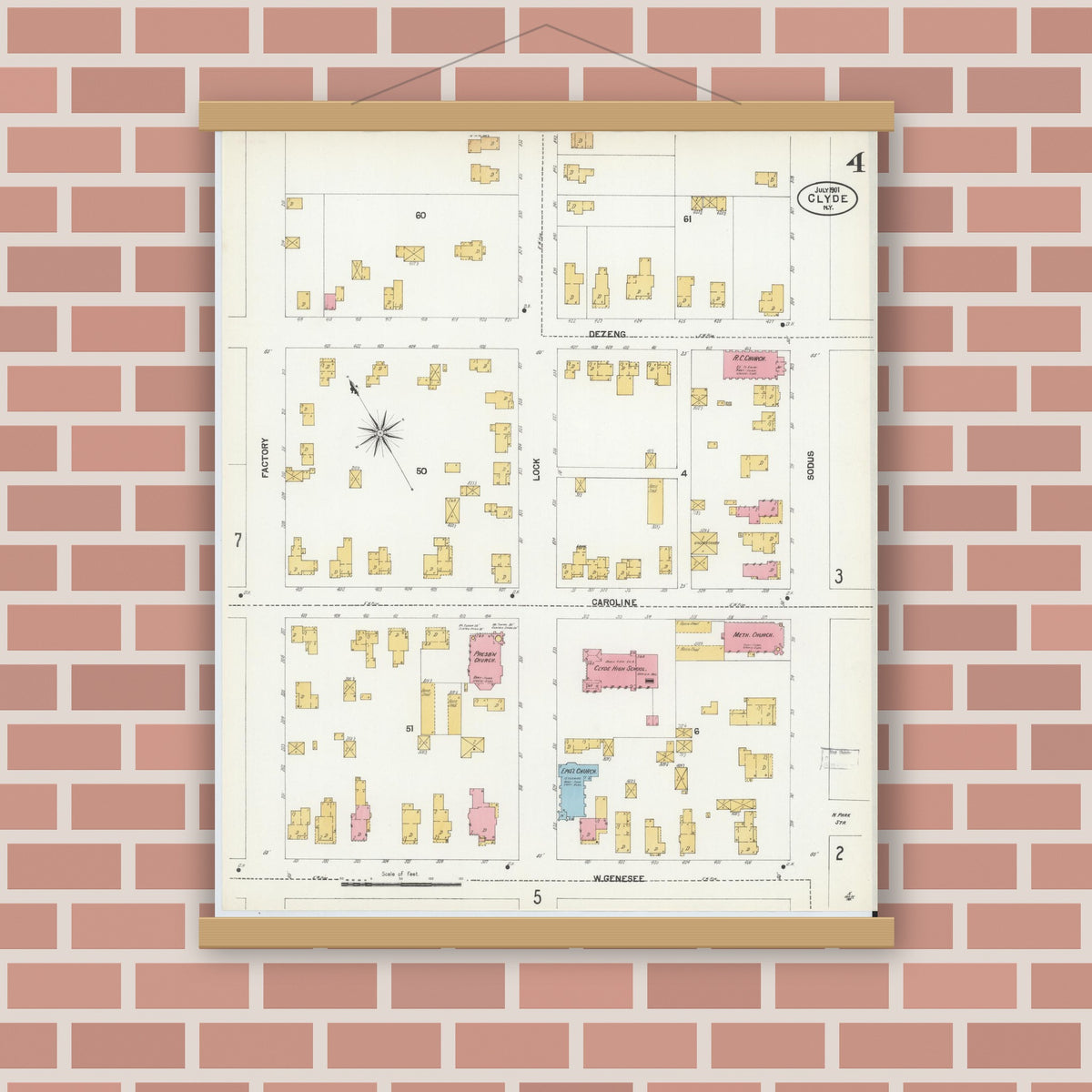 Old map wall art mockup — magnetic wood frame on brick wall — Sanborn Fire Insurance Map from Clyde, Wayne County, New York (1901), Sheet #0004