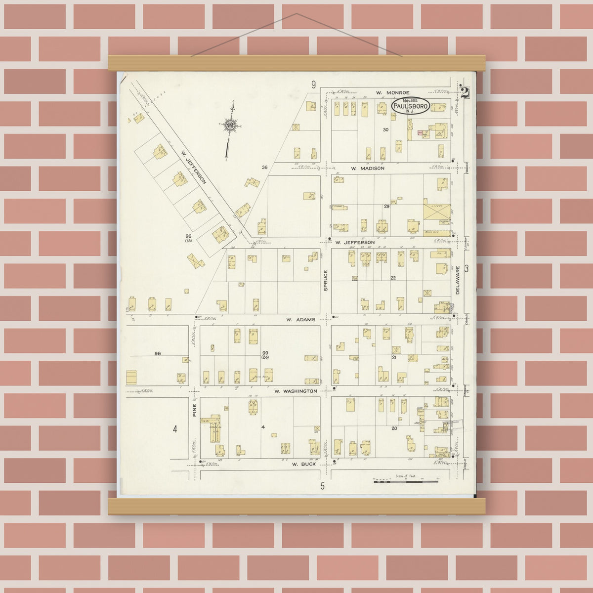 Old map wall art mockup — magnetic wood frame on brick wall — Sanborn Fire Insurance Map from Paulsboro, Gloucester County, New Jersey (1915), Sheet #0002