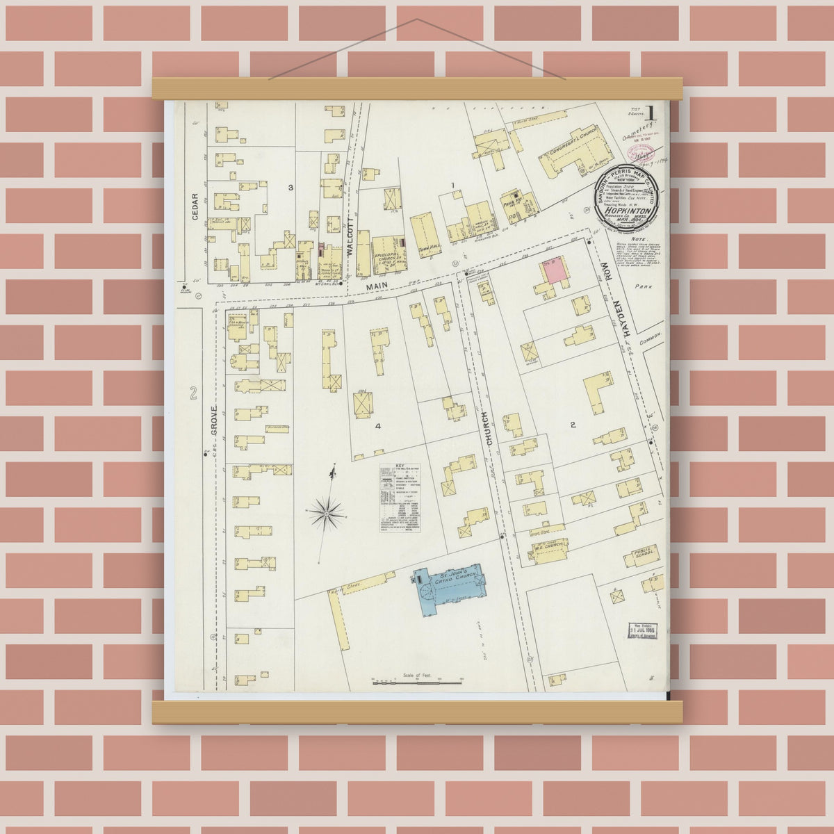 Old map wall art mockup — magnetic wood frame on brick wall — Sanborn Fire Insurance Map from Hopkinton, Middlesex County, Massachusetts (1894) - Complete Map Set