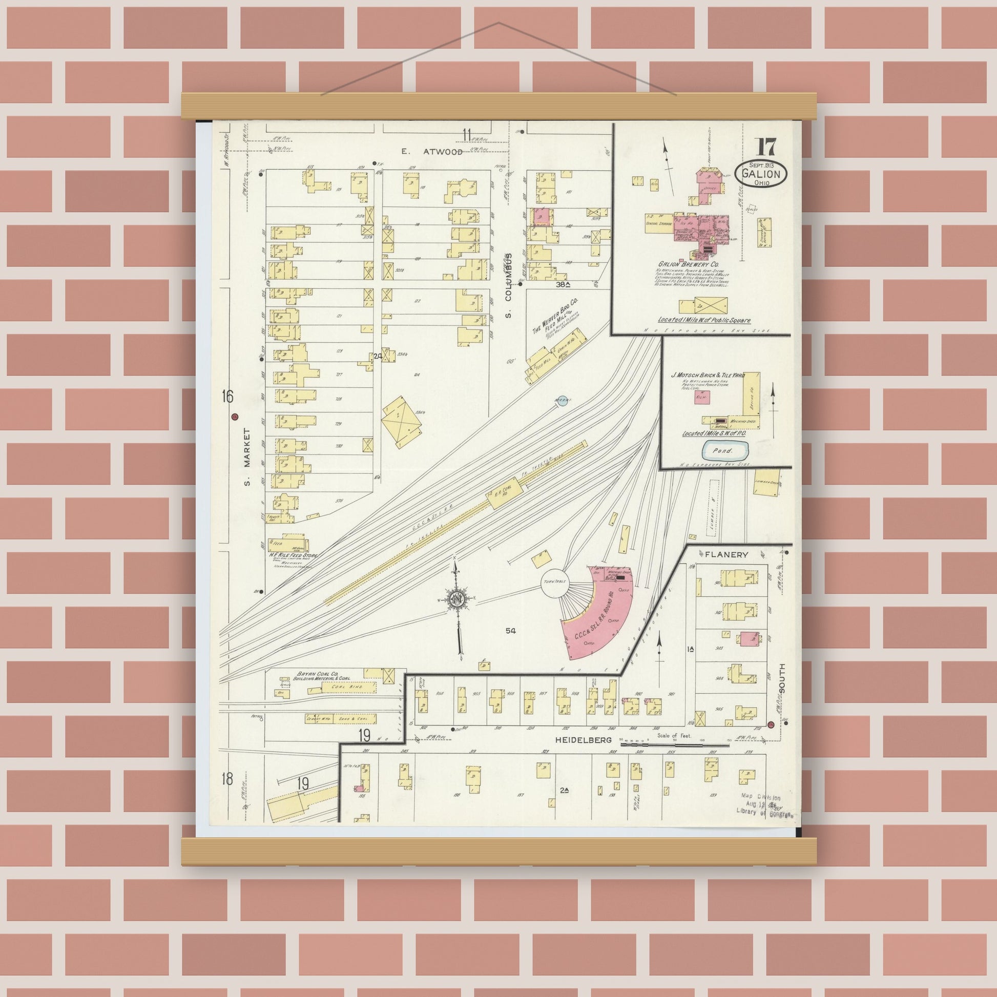 Old map wall art mockup — magnetic wood frame on brick wall — Sanborn Fire Insurance Map from Galion, Crawford County, Ohio (1913), Sheet #0017