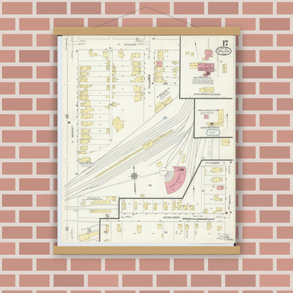 Old map wall art mockup — magnetic wood frame on brick wall — Sanborn Fire Insurance Map from Galion, Crawford County, Ohio (1913), Sheet #0017