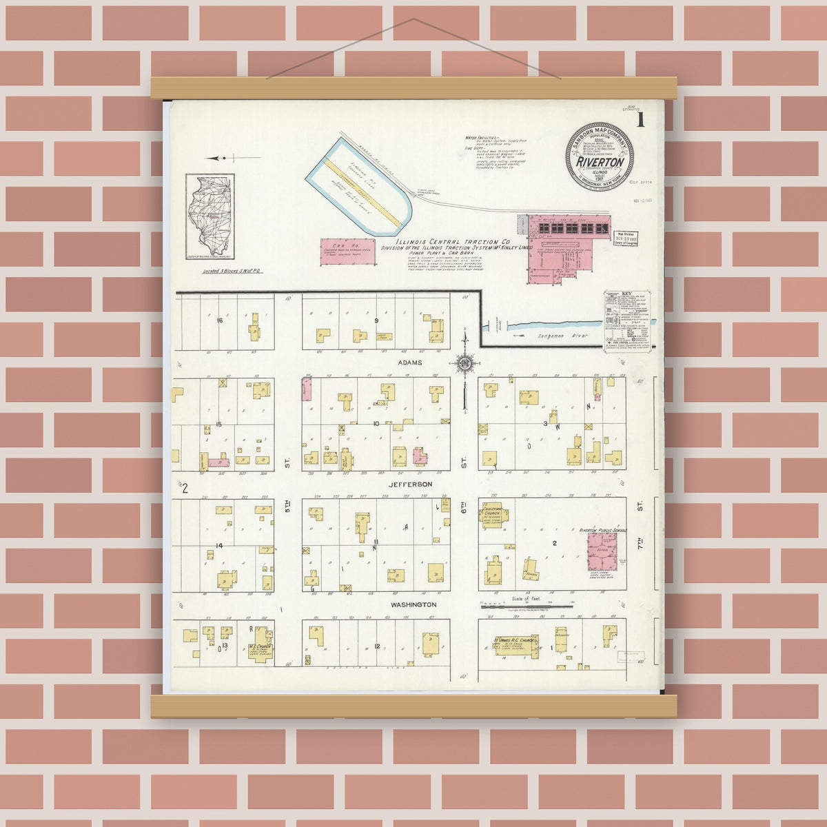Old map wall art mockup — magnetic wood frame on brick wall — Sanborn Fire Insurance Map from Riverton, Sangamon County, Illinois (1917) - Complete Map Set