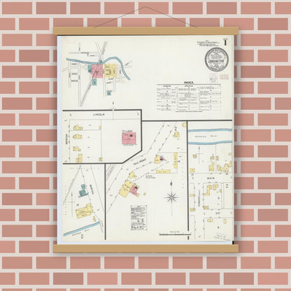 Old map wall art mockup — magnetic wood frame on brick wall — Sanborn Fire Insurance Map from Cardington, Morrow County, Ohio (1903), Sheet #0001