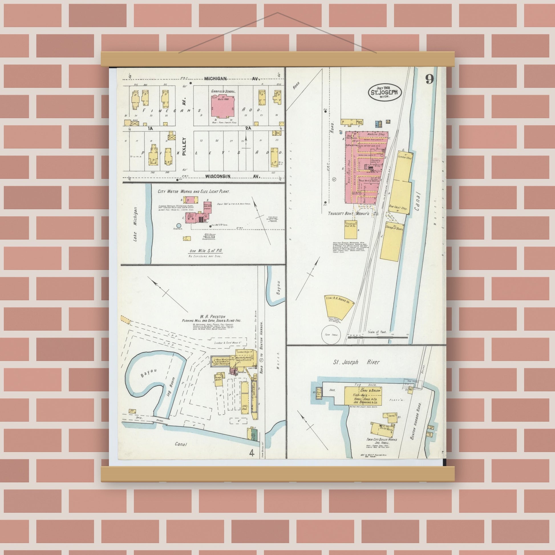 Old map wall art mockup — magnetic wood frame on brick wall — Sanborn Fire Insurance Map from Saint Joseph, Berrien County, Michigan (1902), Sheet #0009