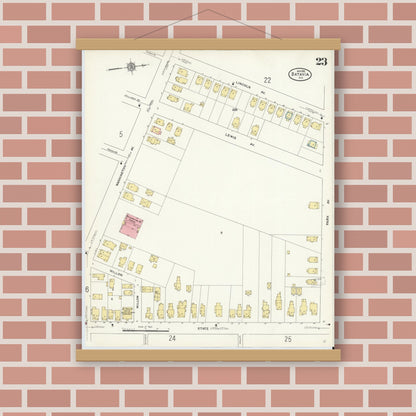 Old map wall art mockup — magnetic wood frame on brick wall — Sanborn Fire Insurance Map from Batavia, Genesee County, New York (1912), Sheet #0023