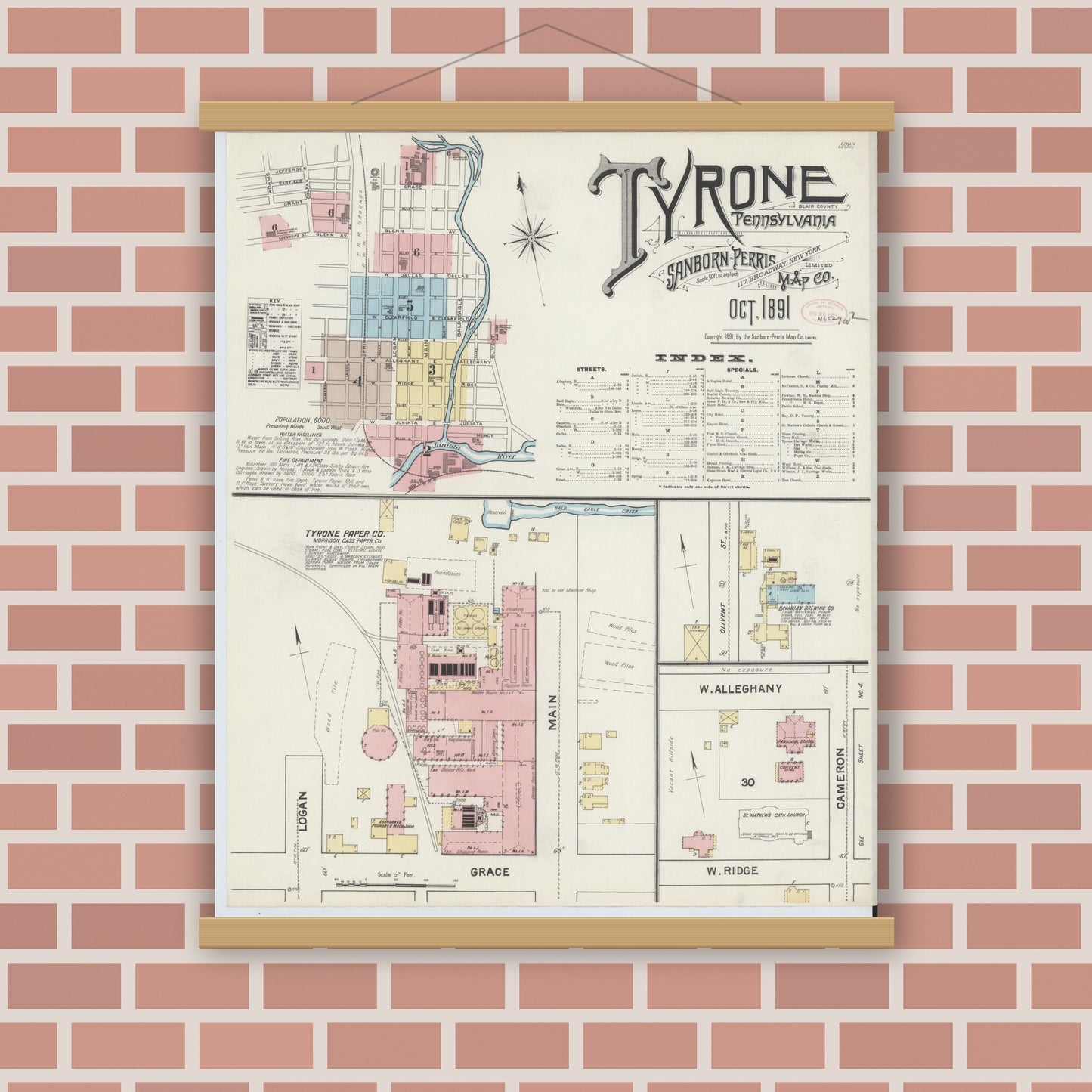 Old map wall art mockup — magnetic wood frame on brick wall — Sanborn Fire Insurance Map from Tyrone, Blair County, Pennsylvania (1891) - Complete Map Set