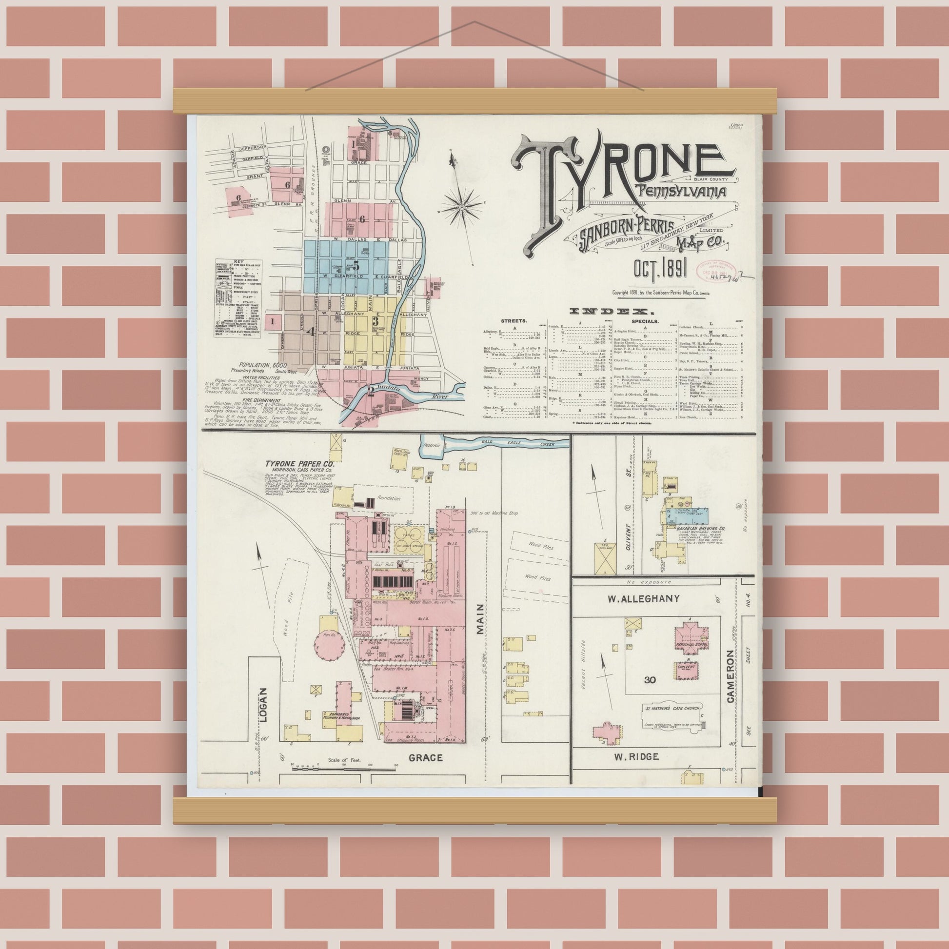 Old map wall art mockup — magnetic wood frame on brick wall — Sanborn Fire Insurance Map from Tyrone, Blair County, Pennsylvania (1891) - Complete Map Set