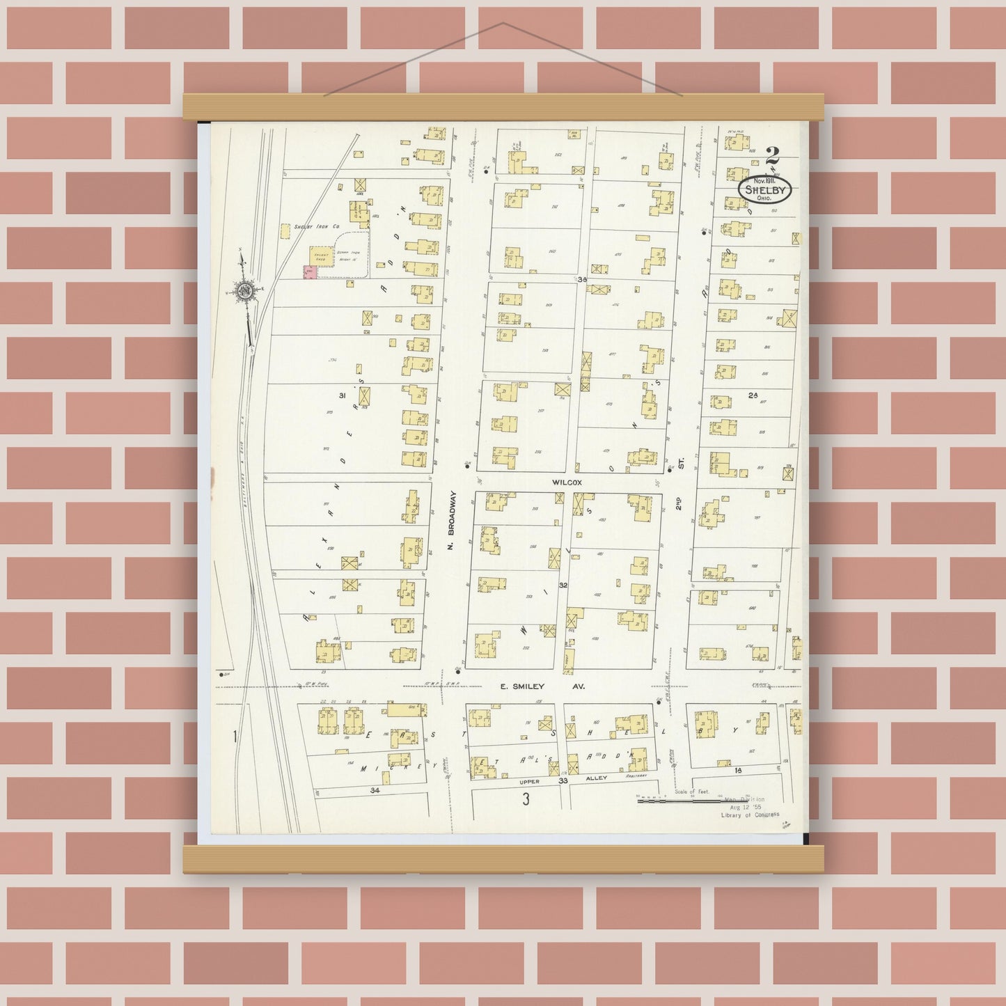 Old map wall art mockup — magnetic wood frame on brick wall — Sanborn Fire Insurance Map from Shelby, Richland County, Ohio (1911), Sheet #0002