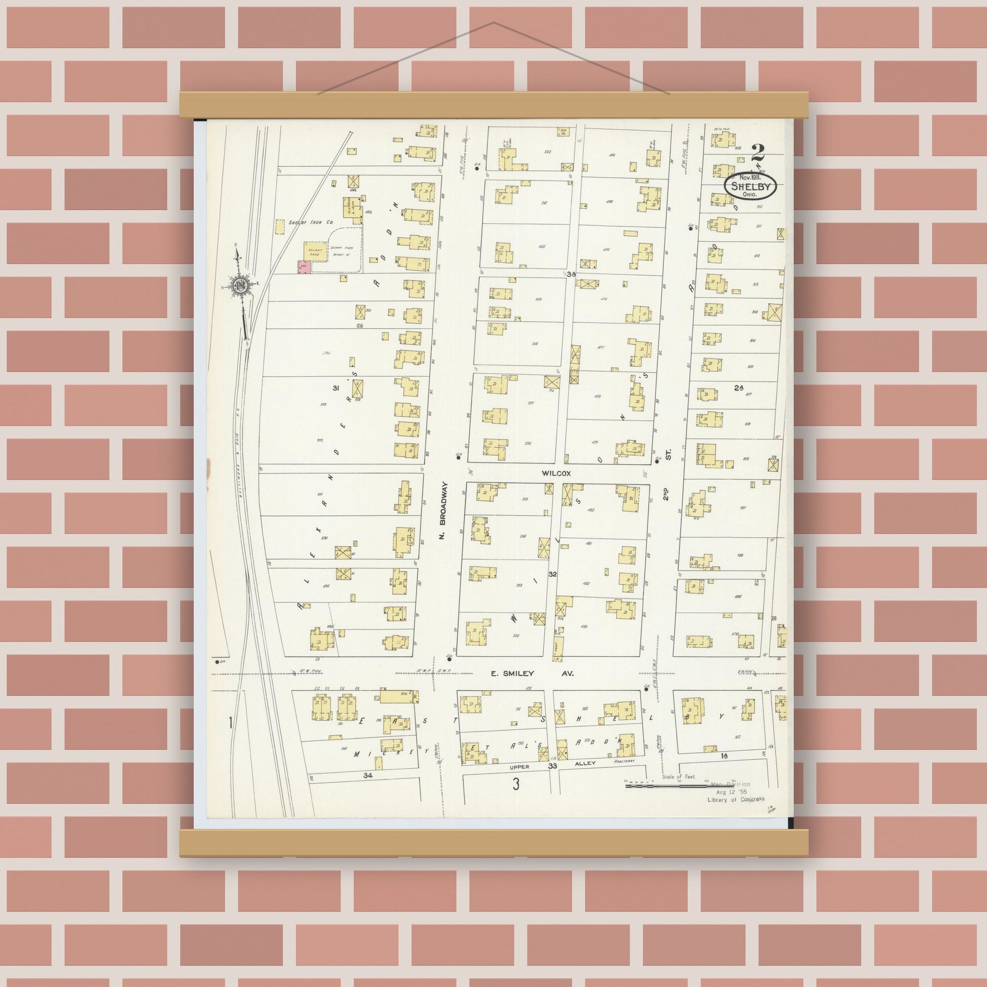 Old map wall art mockup — magnetic wood frame on brick wall — Sanborn Fire Insurance Map from Shelby, Richland County, Ohio (1911), Sheet #0002