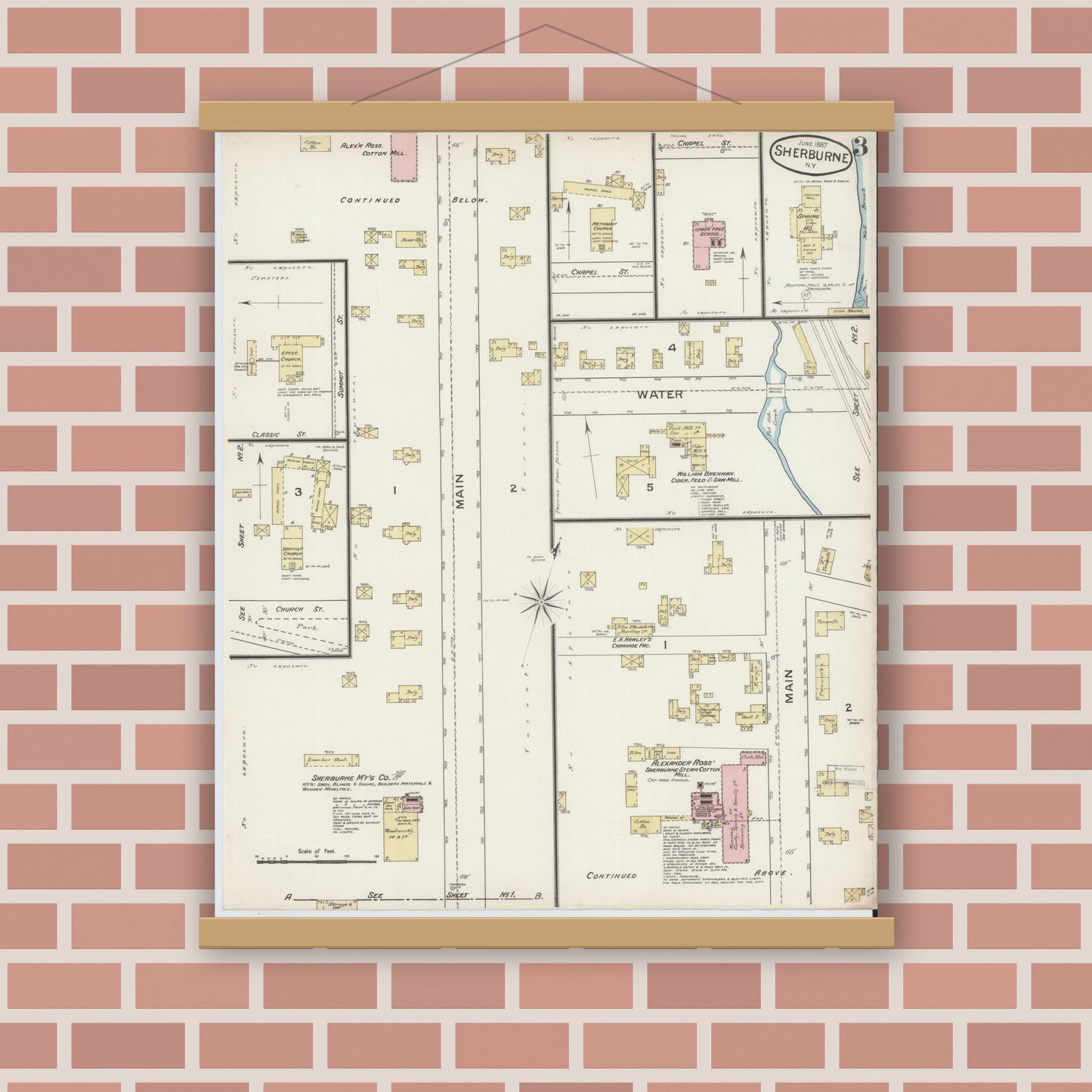 Old map wall art mockup — magnetic wood frame on brick wall — Sanborn Fire Insurance Map from Sherburne, Chenango County, New York (1887), Sheet #0003
