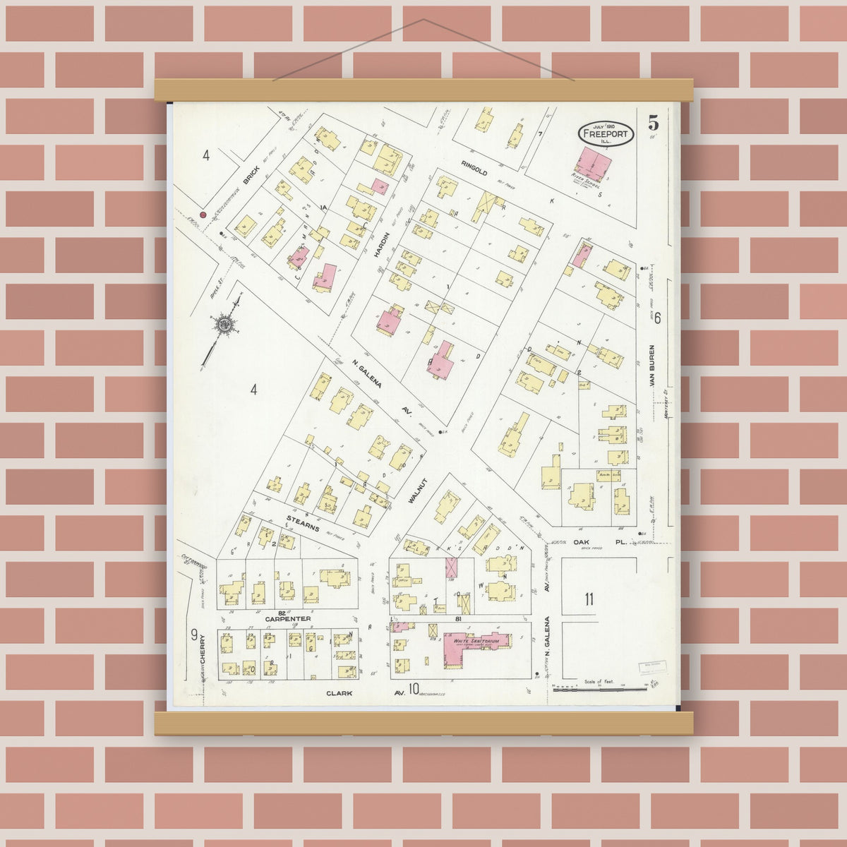 Old map wall art mockup — magnetic wood frame on brick wall — Sanborn Fire Insurance Map from Freeport, Stephenson County, Illinois (1910), Sheet #0005