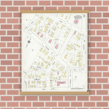 Old map wall art mockup — magnetic wood frame on brick wall — Sanborn Fire Insurance Map from Freeport, Stephenson County, Illinois (1910), Sheet #0005
