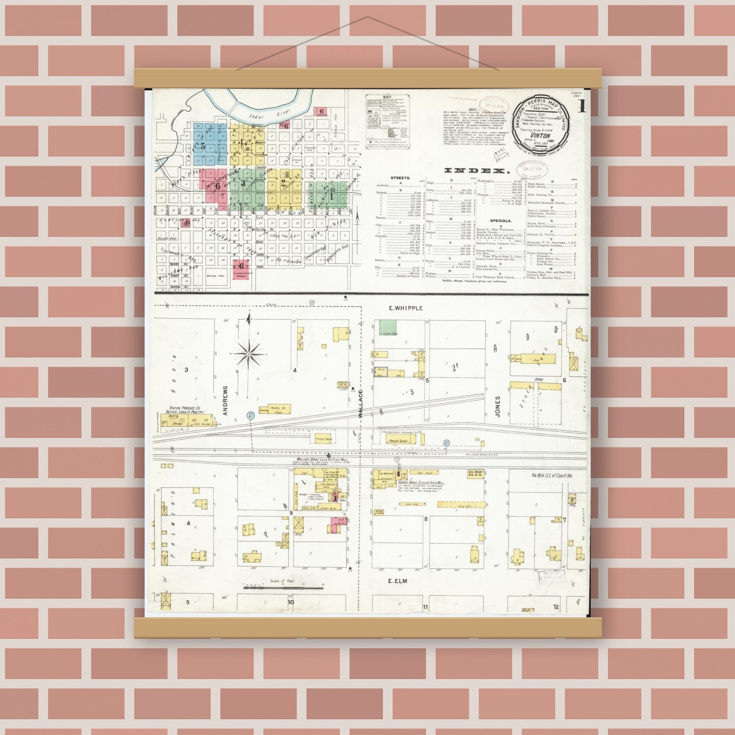 Old map wall art mockup — magnetic wood frame on brick wall — Sanborn Fire Insurance Map from Vinton, Benton County, Iowa (1899) â€” Complete Set