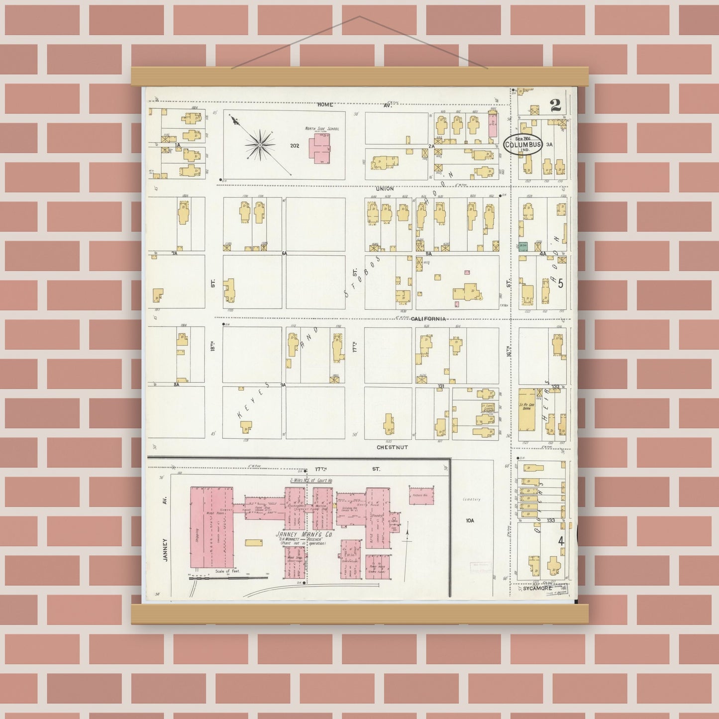Old map wall art mockup — magnetic wood frame on brick wall — Sanborn Fire Insurance Map from Columbus, Bartholomew County, Indiana (1906), Sheet #0002