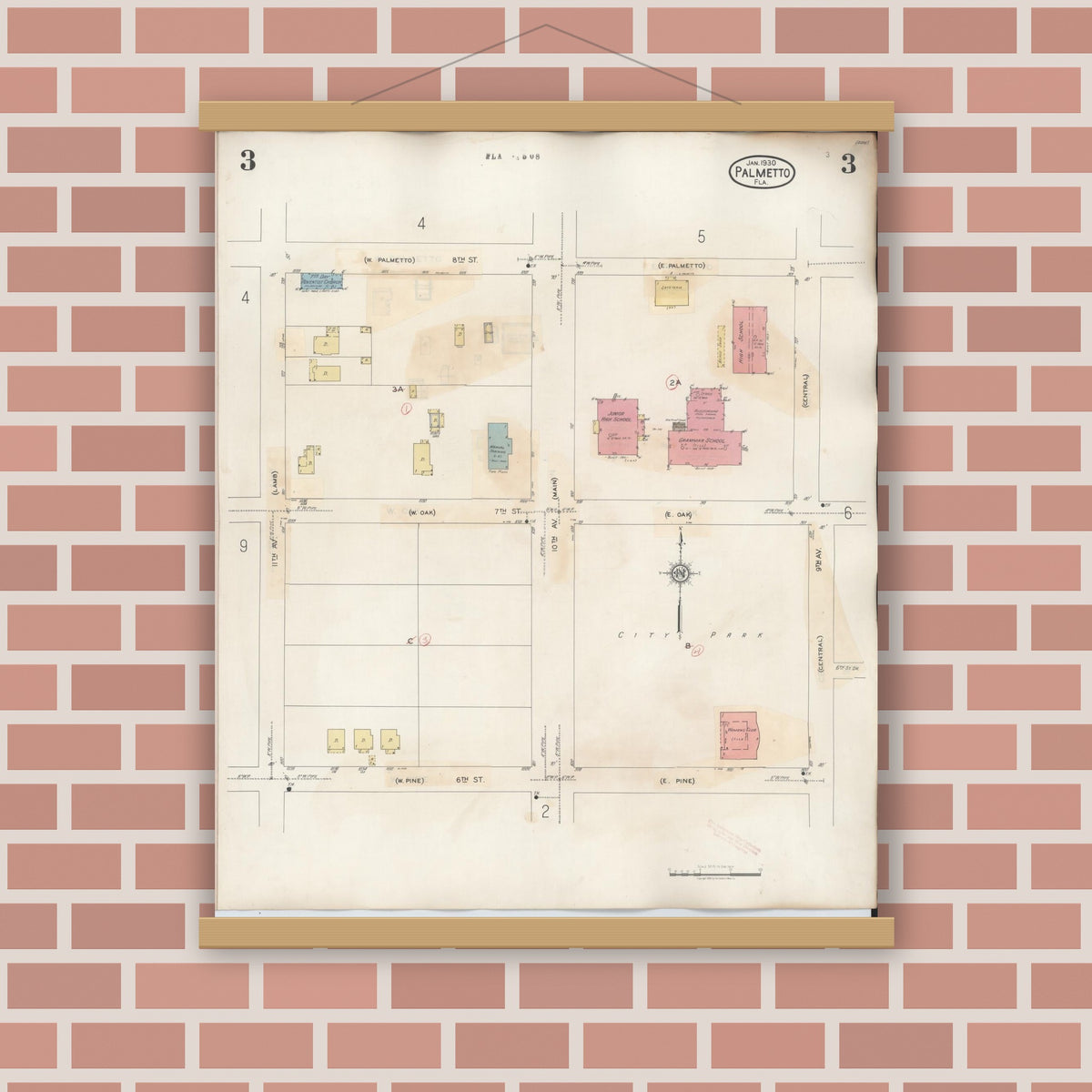 Old map wall art mockup — magnetic wood frame on brick wall — Sanborn Fire Insurance Map from Palmetto, Manatee County, Florida (1944), Sheet #0003