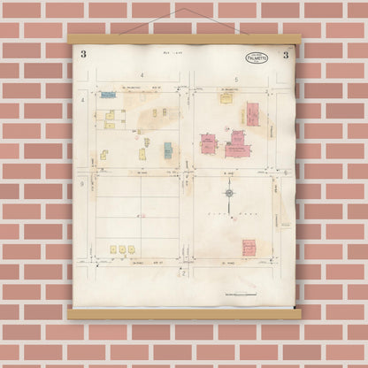 Old map wall art mockup — magnetic wood frame on brick wall — Sanborn Fire Insurance Map from Palmetto, Manatee County, Florida (1944), Sheet #0003