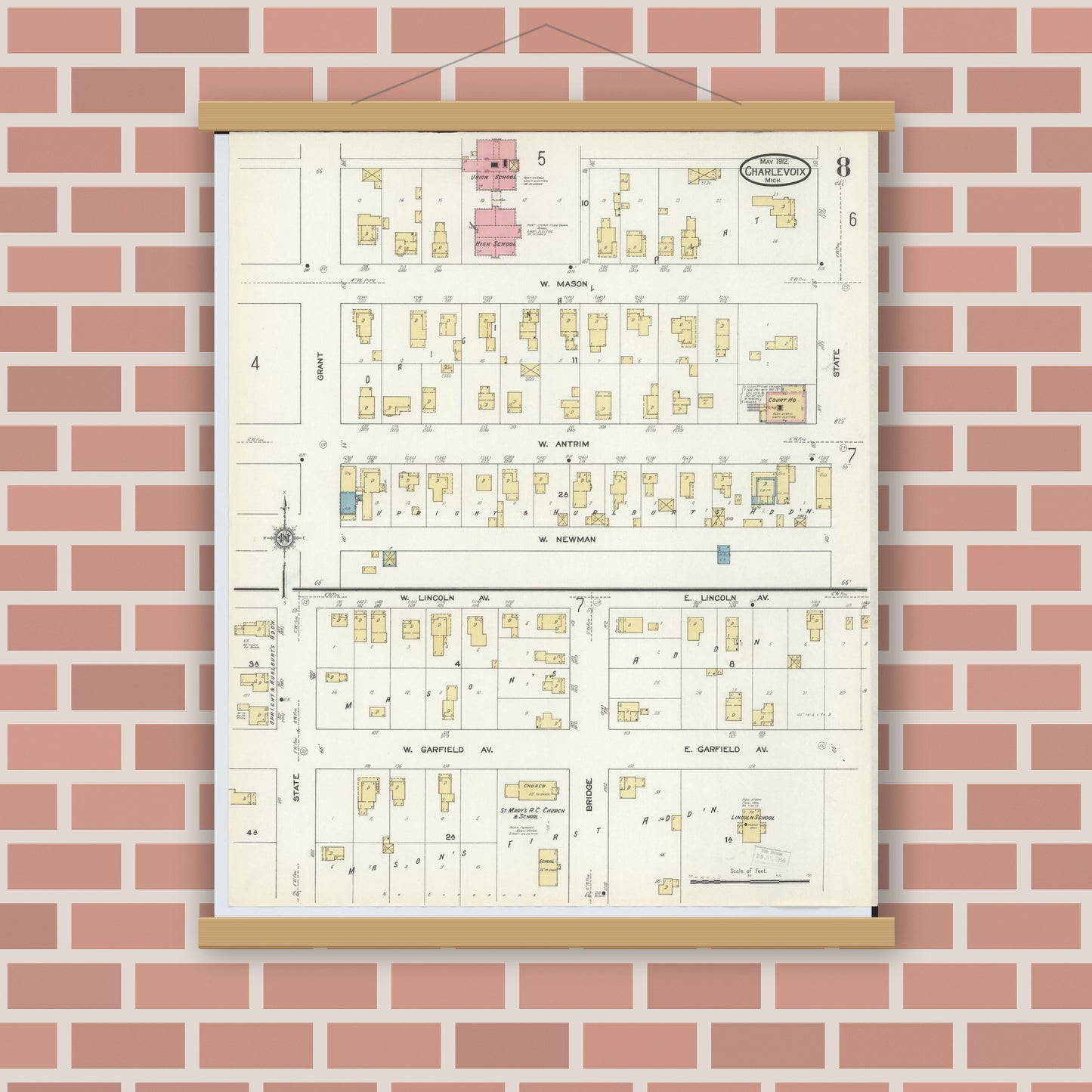 Old map wall art mockup — magnetic wood frame on brick wall — Sanborn Fire Insurance Map from Charlevoix, Charlevoix County, Michigan (1912), Sheet #0008