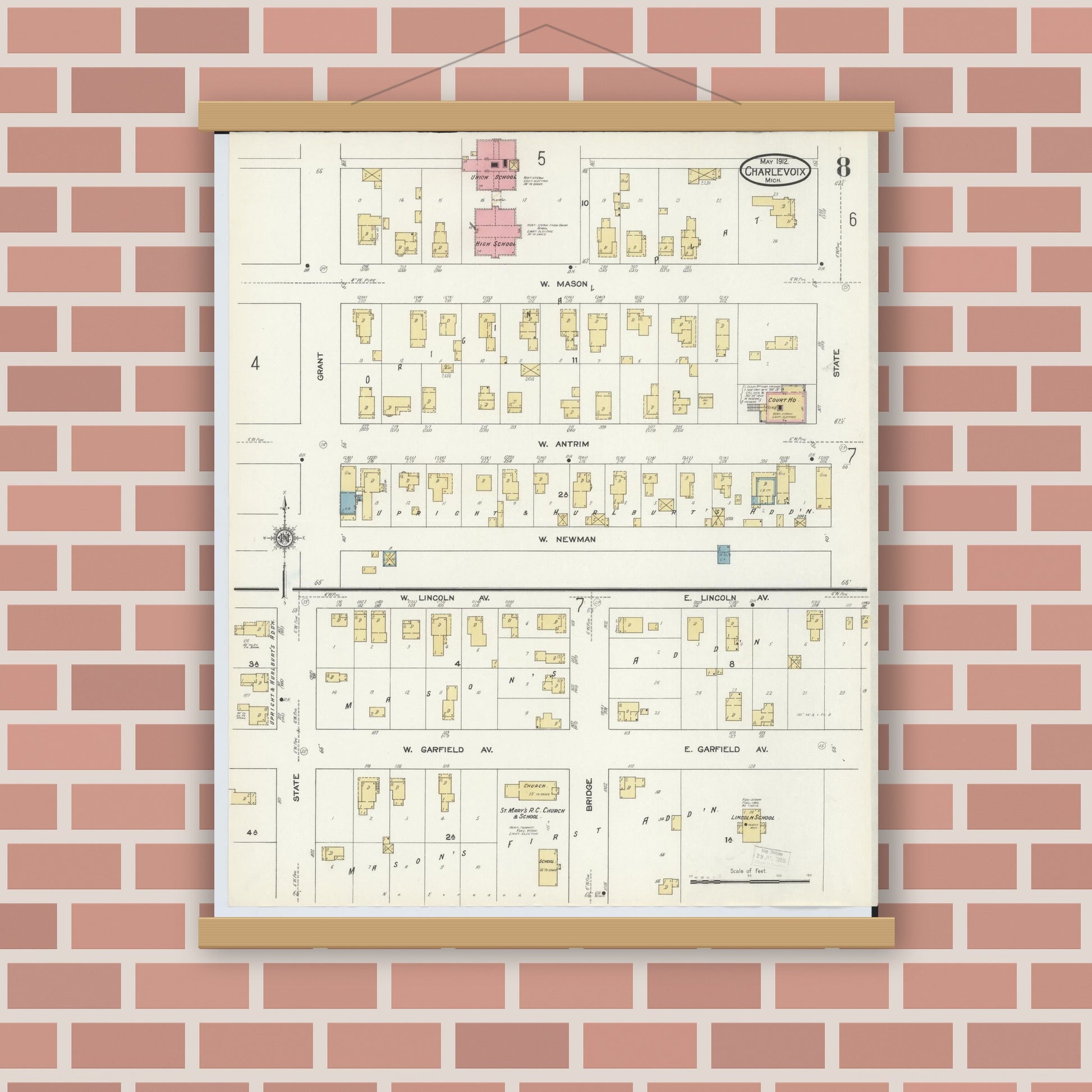 Old map wall art mockup — magnetic wood frame on brick wall — Sanborn Fire Insurance Map from Charlevoix, Charlevoix County, Michigan (1912), Sheet #0008