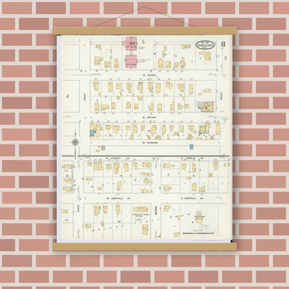 Old map wall art mockup — magnetic wood frame on brick wall — Sanborn Fire Insurance Map from Charlevoix, Charlevoix County, Michigan (1912), Sheet #0008